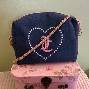 Authentic Juicy Couture Denim Heart-Embellished Cosmetic Bag with Pink Accents